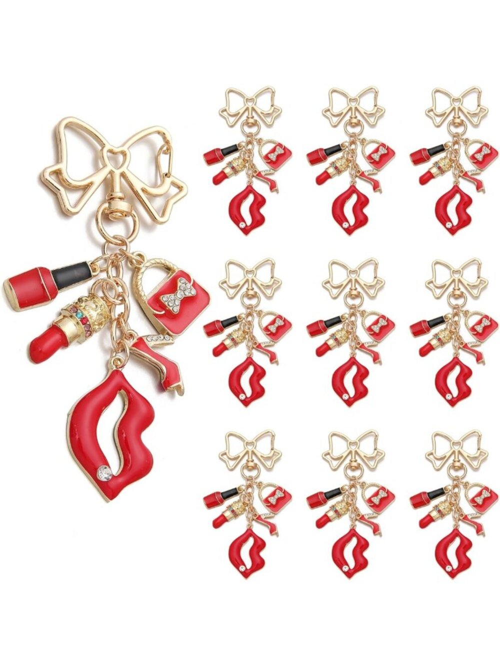 Chic 10PCS Fashion Charm Keychain Set - Gold Bow, Lipstick, Handbag & High Heel